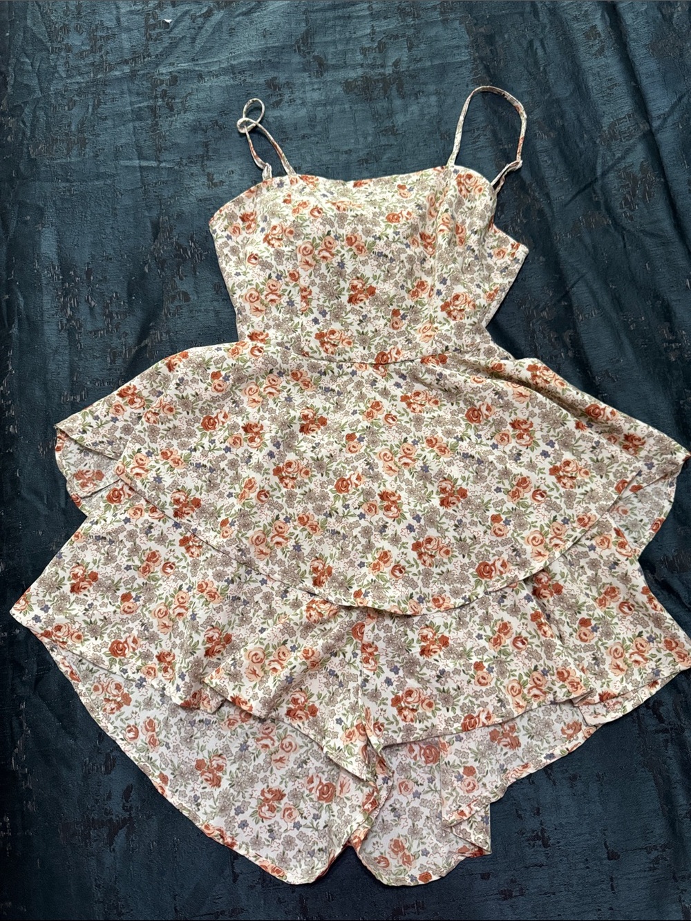 Floral Tiered romper  with Spaghetti Straps - Cream & Rust